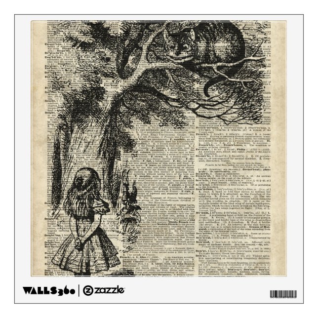 Alice and Cheshire Stencil Art On Old Book Page Wall Decal (Front)