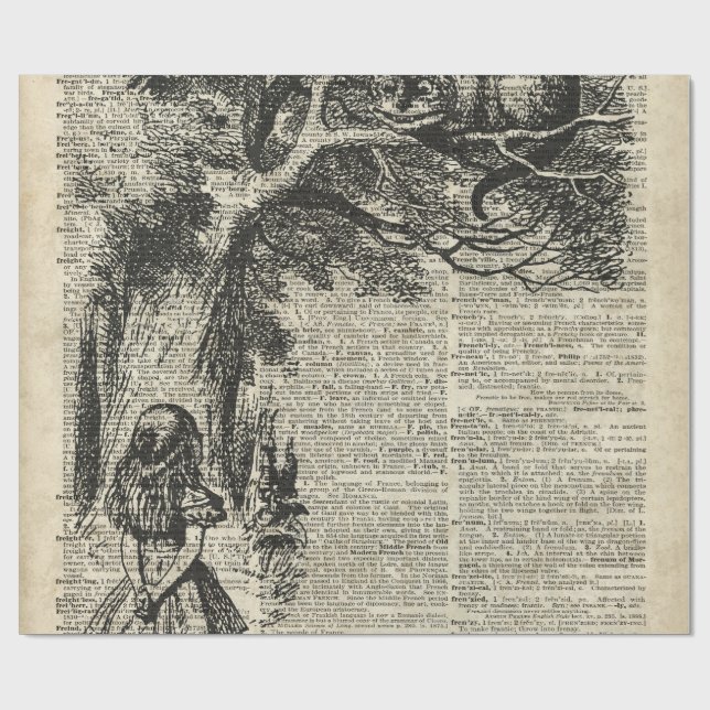 Alice and Cheshire Stencil Art On Old Book Page Wrapping Paper (Flat)