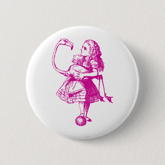 Alice and Flamingo Inked Pink Pinback Button (Front)
