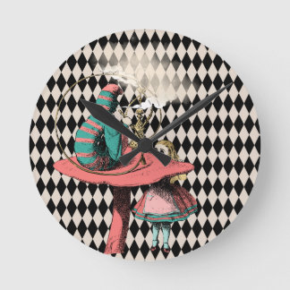 Alice and the Caterpillar Black White Blue Pink Round Clock