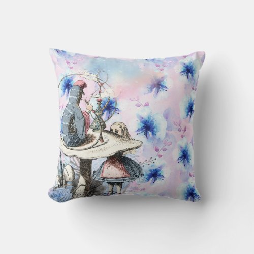 Alice and the Caterpillar Blue Floral Throw Pillow