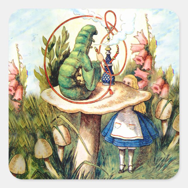 Alice and the Caterpillar in Wonderland Square Sticker (Front)
