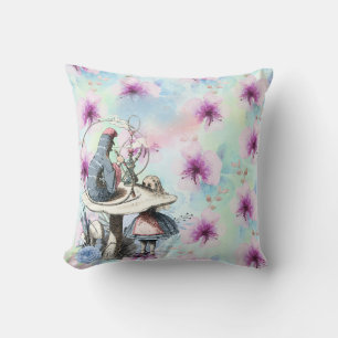 Alice and the Caterpillar Purple Floral Throw Pillow