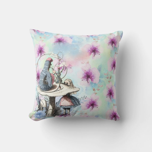 Alice and the Caterpillar Purple Floral Throw Pillow (Front)