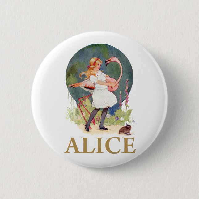 ALICE AND THE PINK FLAMINGO PLAY CROQUET PINBACK BUTTON (Front)