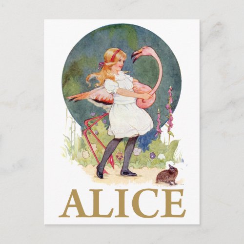 ALICE AND THE PINK FLAMINGO PLAY CROQUET POSTCARD