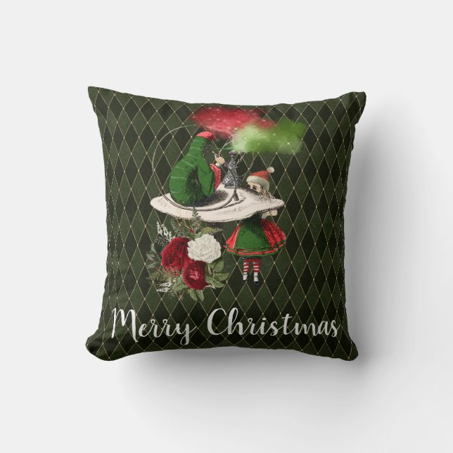 Alice and the Smoking Caterpillar Christmas Green Throw Pillow (Front)