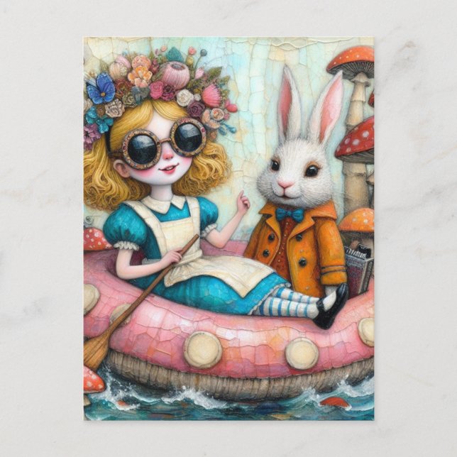 Alice and the White Rabbit encaustic collage art Postcard (Front)