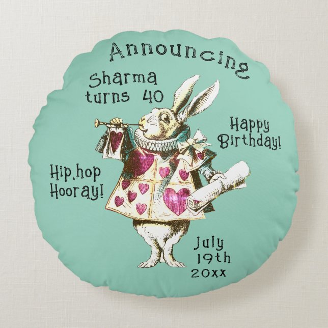 Alice and White Rabbit Happy Birthday Decree Round Pillow (Front)