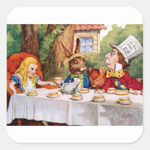 Alice at the Mad Hatters Tea Party in Wonderland Square Sticker