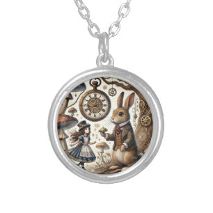alice aventures in wonderland white rabbit silver plated necklace
