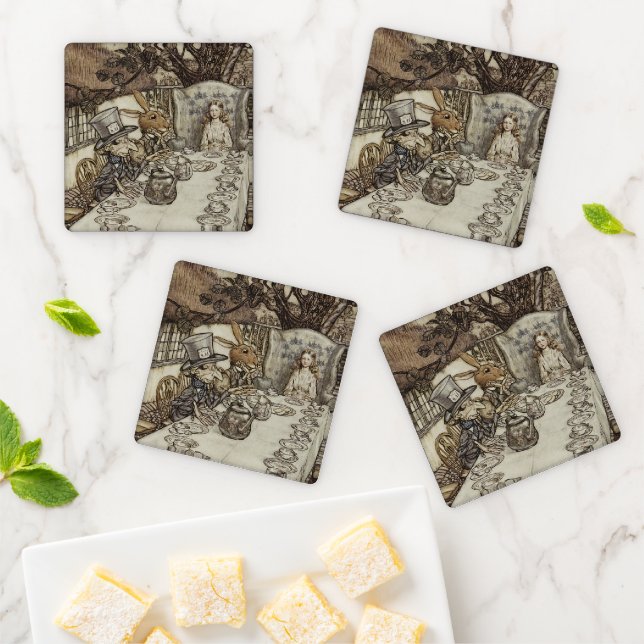 Alice Birthday Unbirthday Rabbit Hatter Party Coaster Set (In Situ)