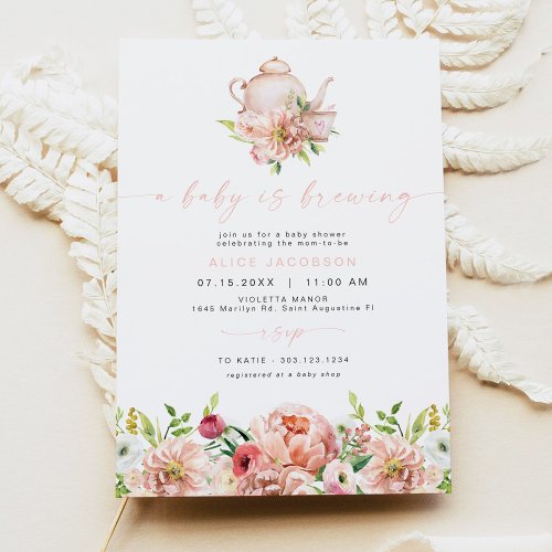 ALICE Blush Floral Baby Brewing Tea Baby Shower Invitation