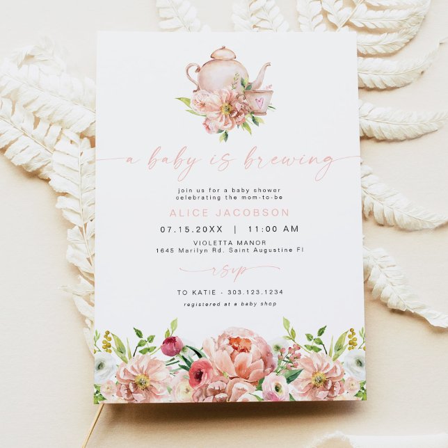 ALICE Blush Floral Baby Brewing Tea Baby Shower Invitation (Creator Uploaded)