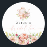 ALICE Blush Floral Bridal Tea Party Brunch Shower Classic Round Sticker<br><div class="desc">This bridal shower sticker features spring watercolor florals and a cute tea set. This floral sticker is perfect for your bridal breakfast or brunch. Pair with anything from the ALICE Collection for a cohesive look.</div>
