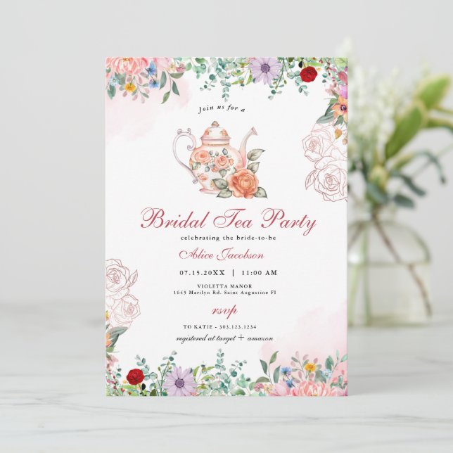ALICE Blush Floral Bridal Tea Party Brunch Shower Invitation (Standing Front)