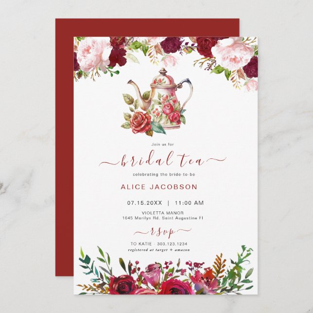 ALICE Blush Floral Bridal Tea Party Brunch Shower Invitation (Front/Back)