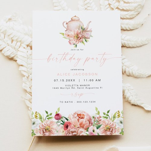 ALICE Blush Spring Floral Tea Party Birthday Invitation