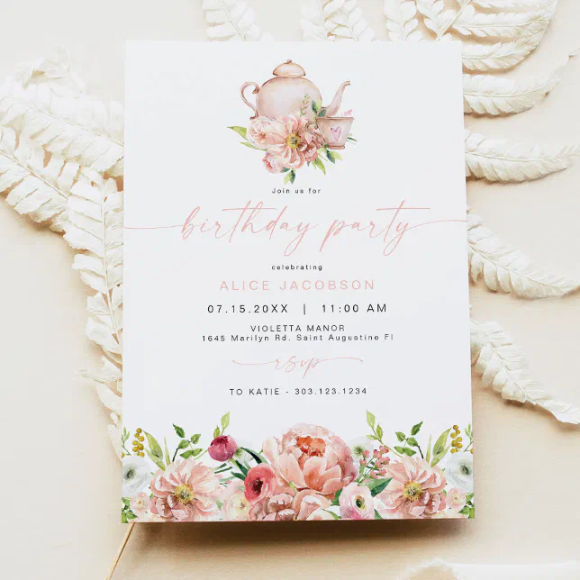 ALICE Blush Spring Floral Tea Party Birthday Invitation | Zazzle