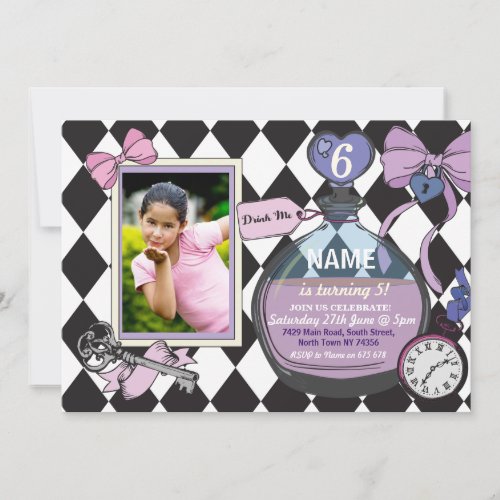 Alice Bow Wonderland Birthday Photo Invitation