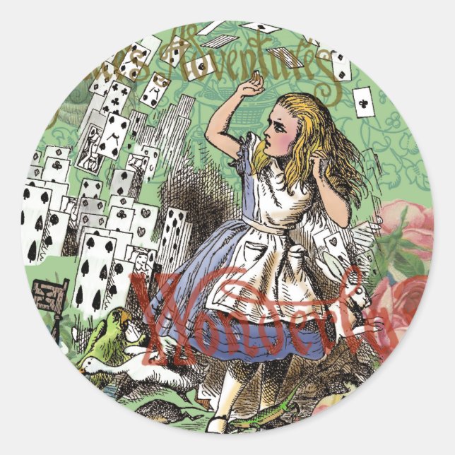 alice cards wonderland hatter rabbit  classic round sticker (Front)