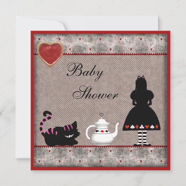 Alice & Cheshire Cat Baby Shower Tea Party Invites (Front)