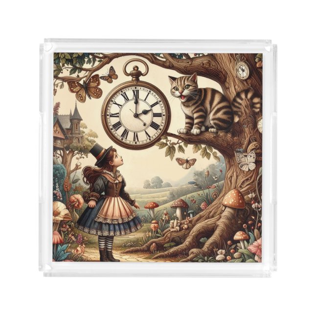 Alice & Cheshire Cat: Whimsical Wonderland Fantasy Acrylic Tray (Front)