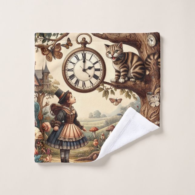 Alice & Cheshire Cat: Whimsical Wonderland Fantasy Bath Towel Set (Wash Cloth)