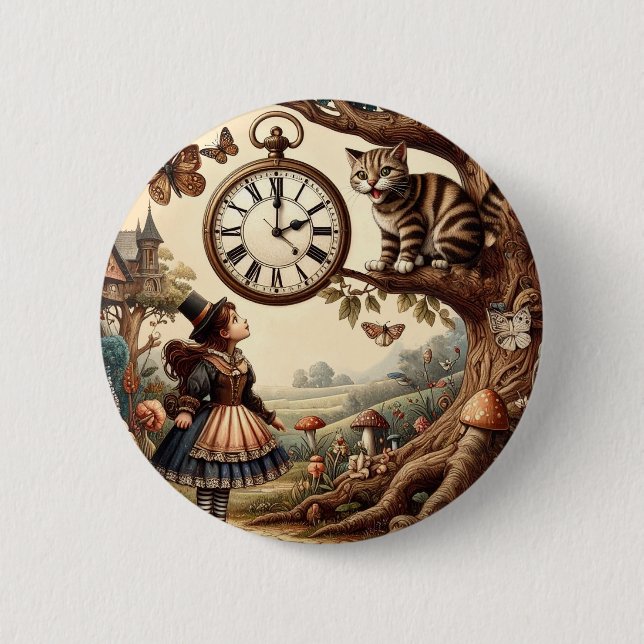 Alice & Cheshire Cat: Whimsical Wonderland Fantasy Button (Front)