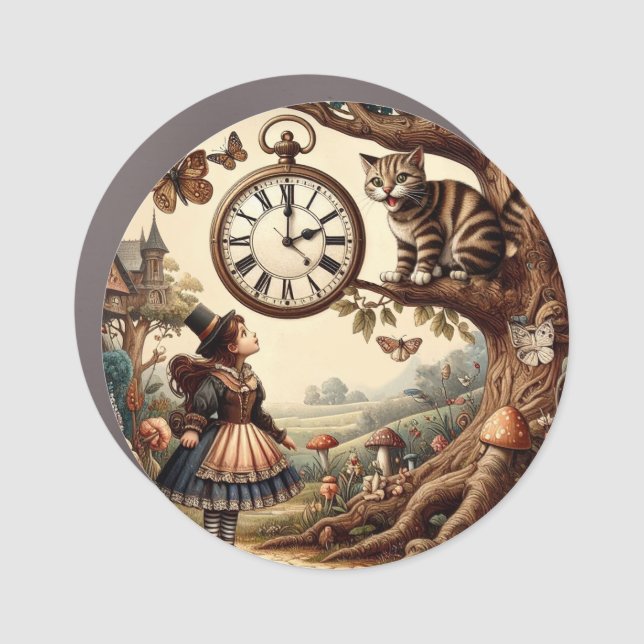 Alice & Cheshire Cat: Whimsical Wonderland Fantasy Car Magnet (Front)