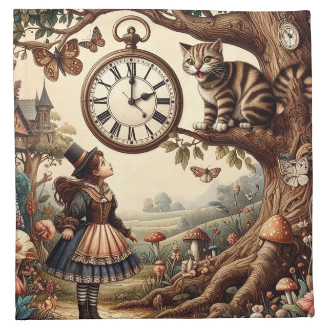Alice & Cheshire Cat: Whimsical Wonderland Fantasy Cloth Napkin (Front)