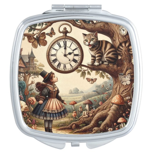 Alice & Cheshire Cat: Whimsical Wonderland Fantasy Compact Mirror (Front)
