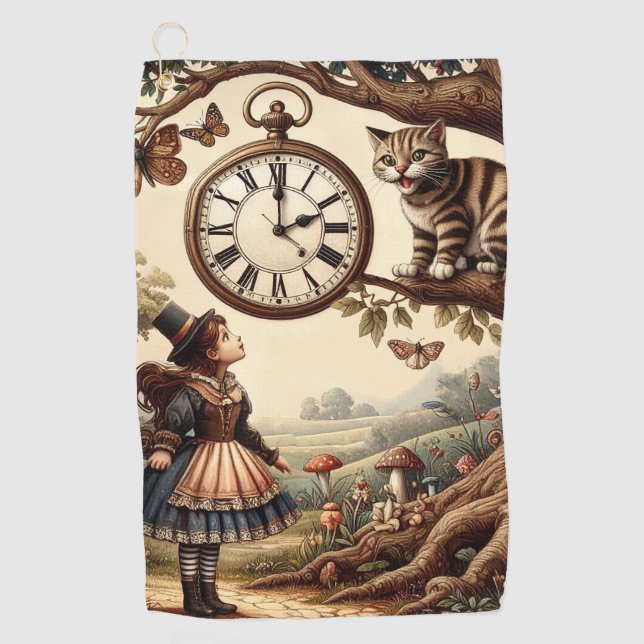 Alice & Cheshire Cat: Whimsical Wonderland Fantasy Golf Towel (Front)