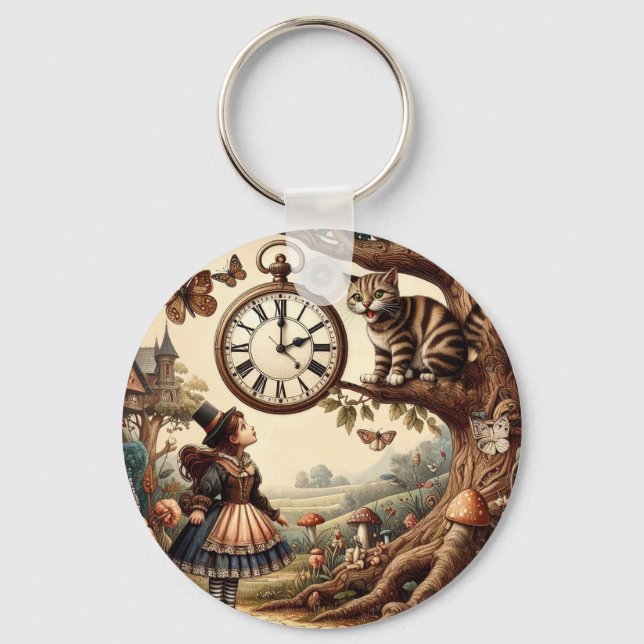 Alice & Cheshire Cat: Whimsical Wonderland Fantasy Keychain (Front)