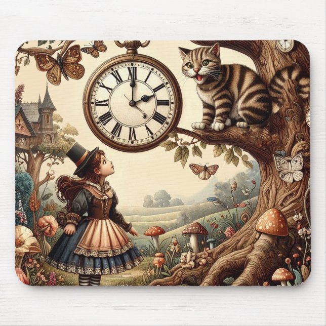 Alice & Cheshire Cat: Whimsical Wonderland Fantasy Mouse Pad (Front)