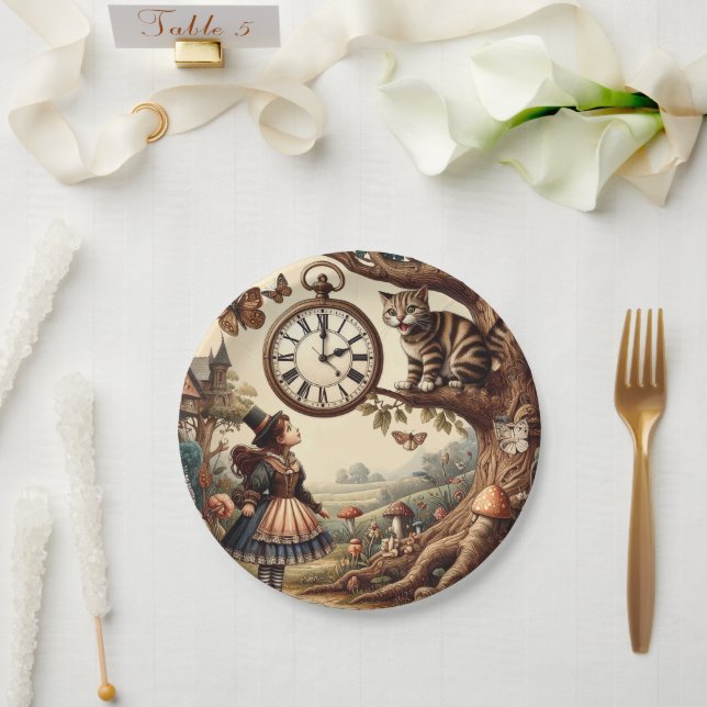 Alice & Cheshire Cat: Whimsical Wonderland Fantasy Paper Plates (Wedding)