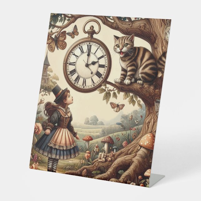 Alice & Cheshire Cat: Whimsical Wonderland Fantasy Pedestal Sign (Front)