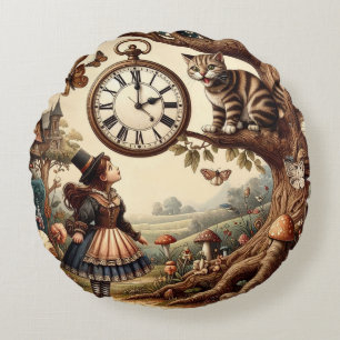Alice & Cheshire Cat: Whimsical Wonderland Fantasy Round Pillow