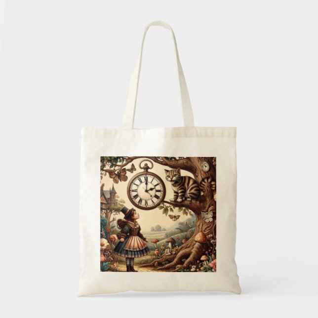 Alice & Cheshire Cat: Whimsical Wonderland Fantasy Tote Bag (Front)
