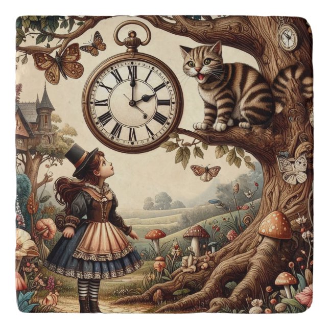 Alice & Cheshire Cat: Whimsical Wonderland Fantasy Trivet (Front)