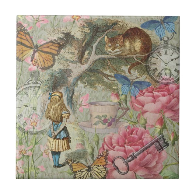 Alice Cheshire Cat Wonderland Tree Garden Ceramic Tile (Front)