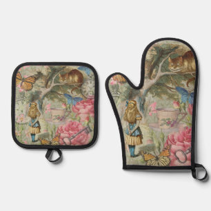 Alice Cheshire Cat Wonderland Tree Garden Oven Mitt & Pot Holder Set