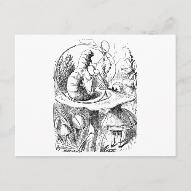 Alice consults The Caterpillar Postcard (Front)