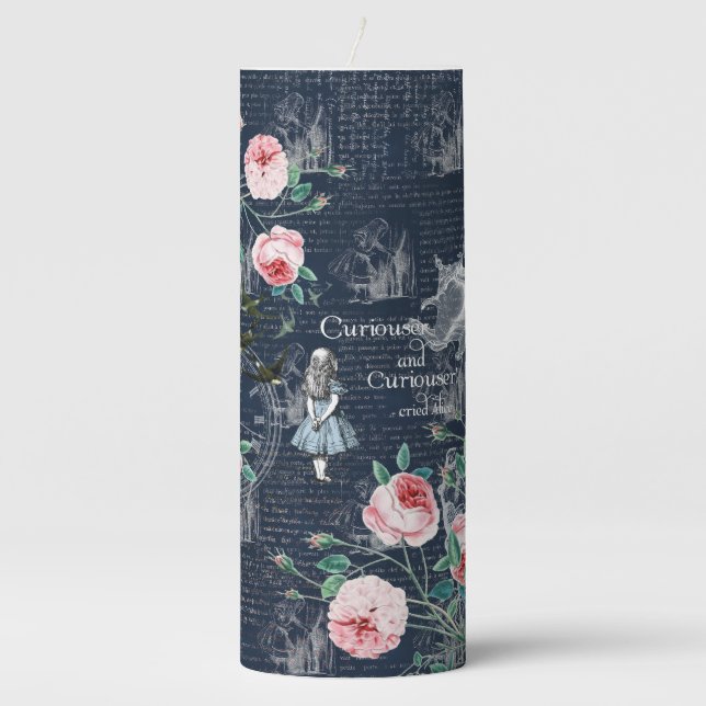 Alice Curioser Wonderland Blue Pink Pillar Candle (Front)