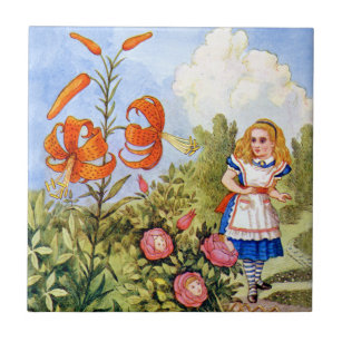 Alice Encounters Talking Flowers in Wonderland Ceramic Tile