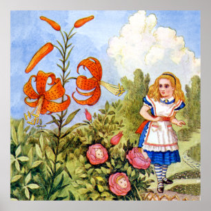 Alice Encounters Talking Flowers in Wonderland Poster