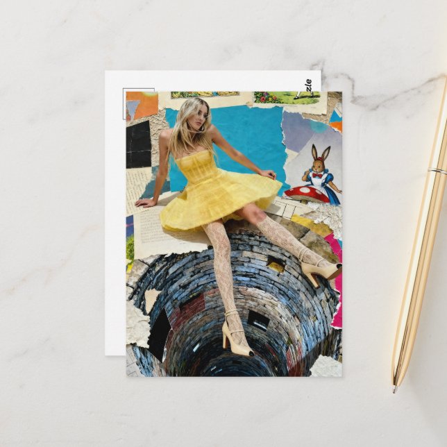 Alice Falls Down the Rabbit Hole Collage Postcard (Front/Back In Situ)