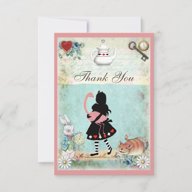 Alice, Flamingo & Cat Baby Shower Thank You Card (Front)
