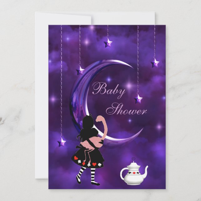 Alice & Flamingo Purple Moon Baby Shower Invitation (Front)