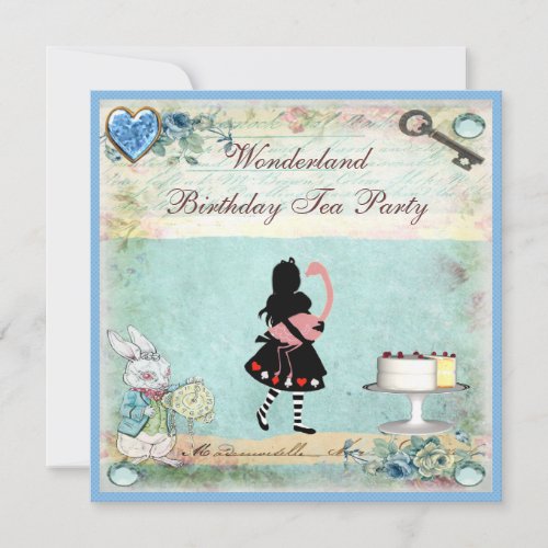 Alice &amp; Flamingo Wonderland Birthday Tea Party Announcements